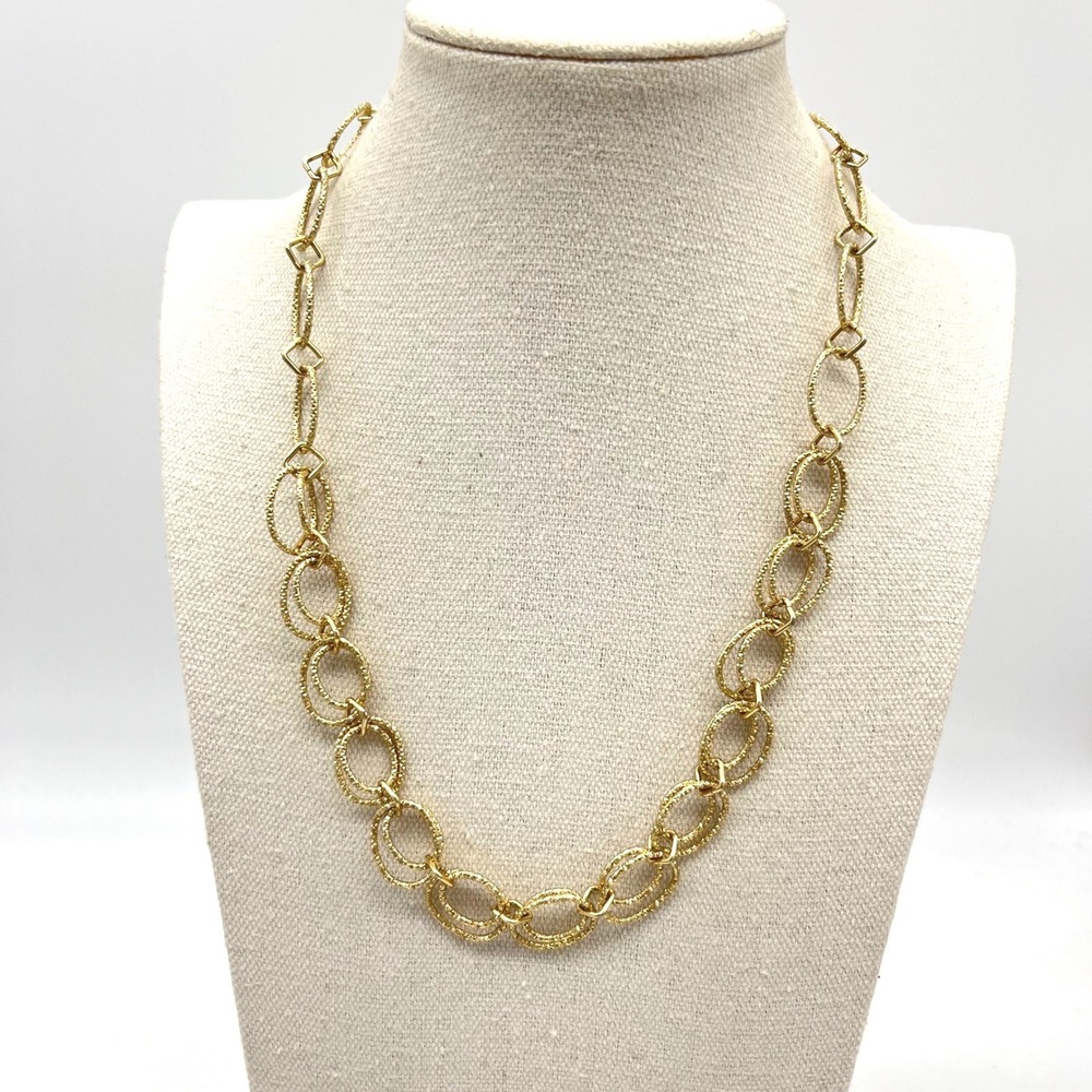 Gold Tone Textured Oval and Geometric Link Adjustable Statement Necklace